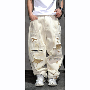 美式高街痞帅做旧破洞补丁乞丐牛仔裤男vibe潮牌宽松廓形直筒长裤