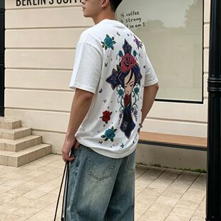 夏季新款满天星亮片t恤男小众个性印花宽松半袖圆领百搭潮流短袖