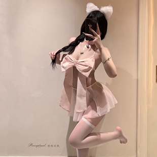 私房蝴蝶结性感睡衣女夏新薄款蕾丝镂空肚兜高级感情趣连体衣制服