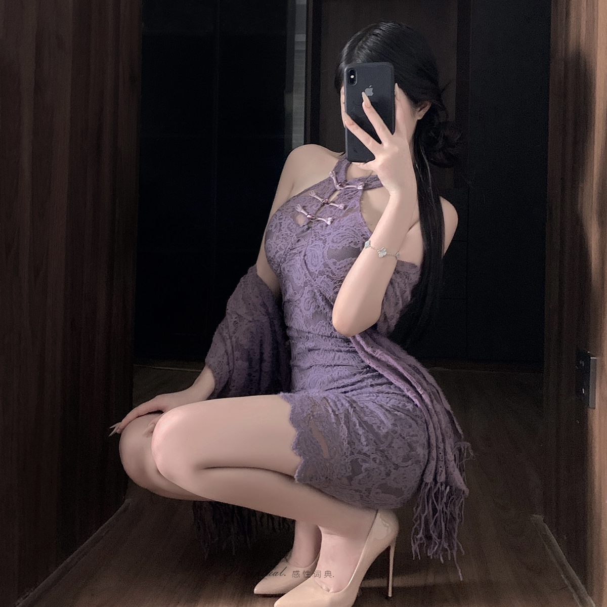 制服性感妩媚盘扣旗袍情趣带胸垫透蕾丝修身显瘦夜店披肩内衣睡裙