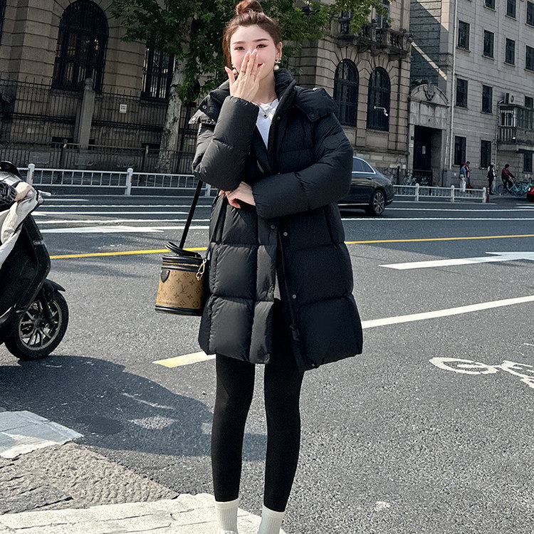 90白鹅绒白色羽绒服女中长款2025冬季新款连帽加厚御寒面包服外套