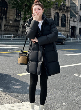 90白鹅绒白色羽绒服女中长款2025冬季新款连帽加厚御寒面包服外套