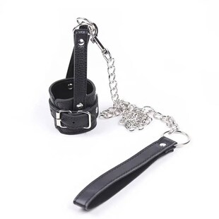 Leather Ball Stcher with Leash Tug Down Scrotum Penis Ring