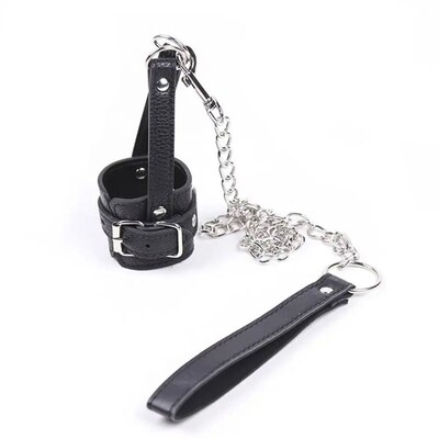 Leather Ball Stcher with Leash Tug Down Scrotum Penis Ring