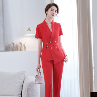 外套夏短袖 新款 女设计感红色薄款 女两件套 西装 西服OL职业正装 套装