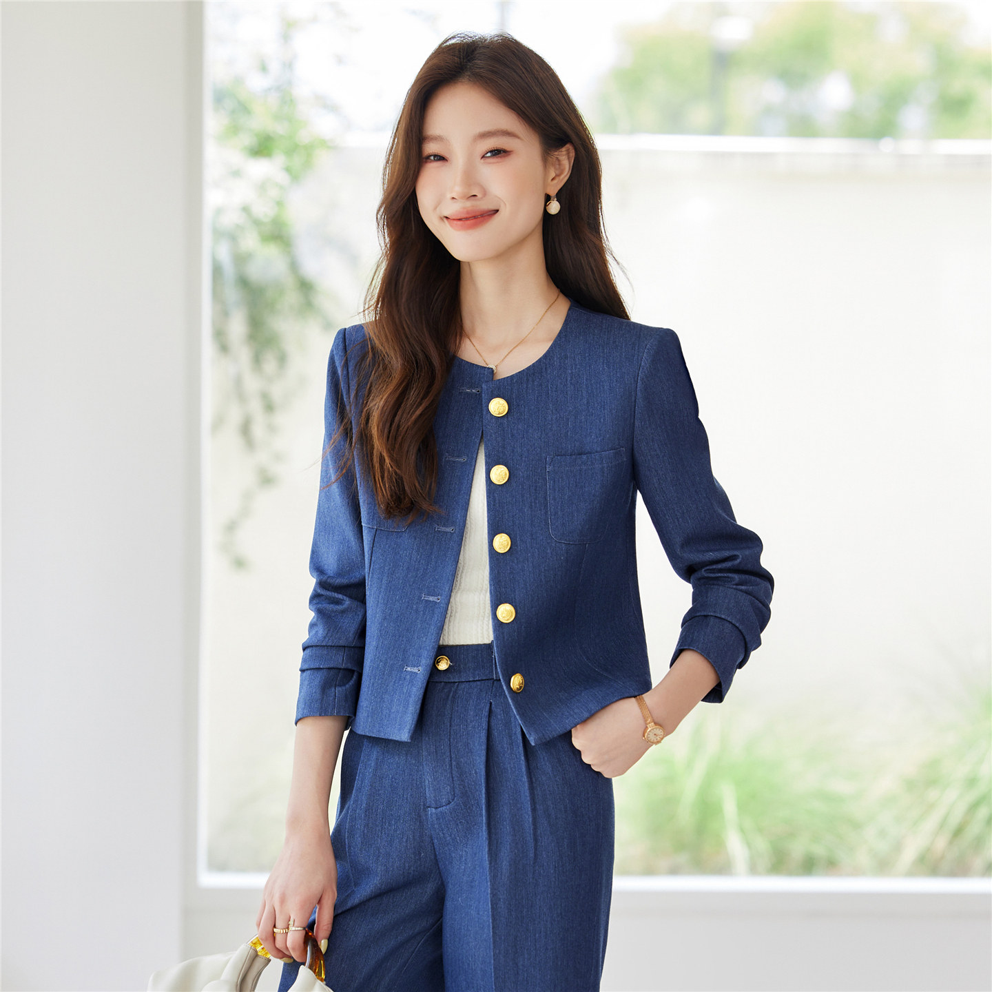 小香风圆领短款牛仔外套搭配高腰阔腿裤小个子时尚春秋西装女上衣