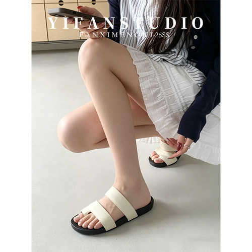 羊皮版~2026新款厚底一字拖女夏春季舒适外穿休闲平底露趾凉拖鞋