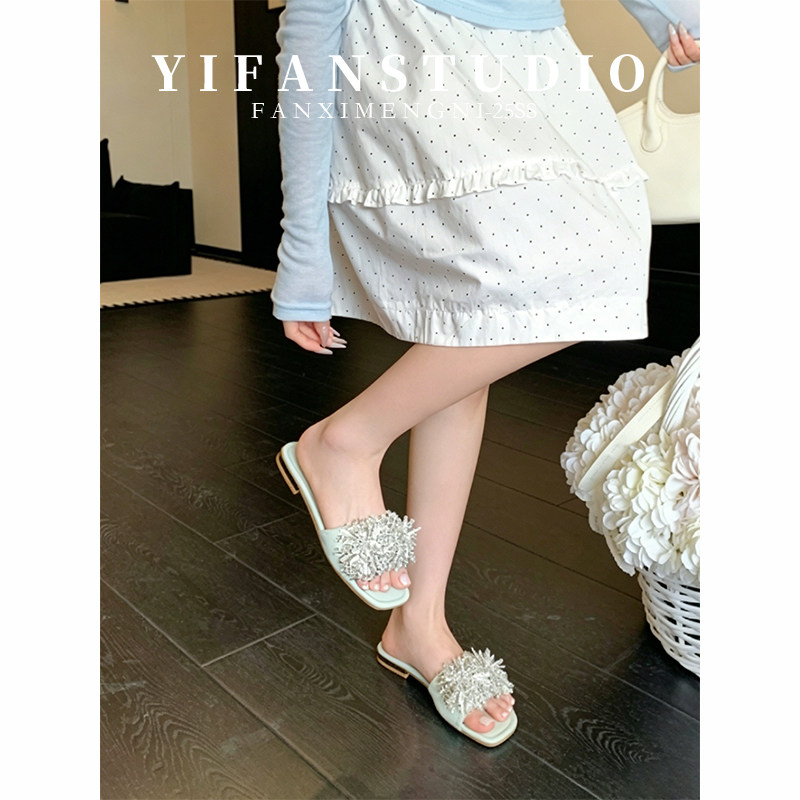 羊皮版~仙女风水钻一字拖女鞋外穿平跟透气防滑一脚蹬露趾凉拖鞋