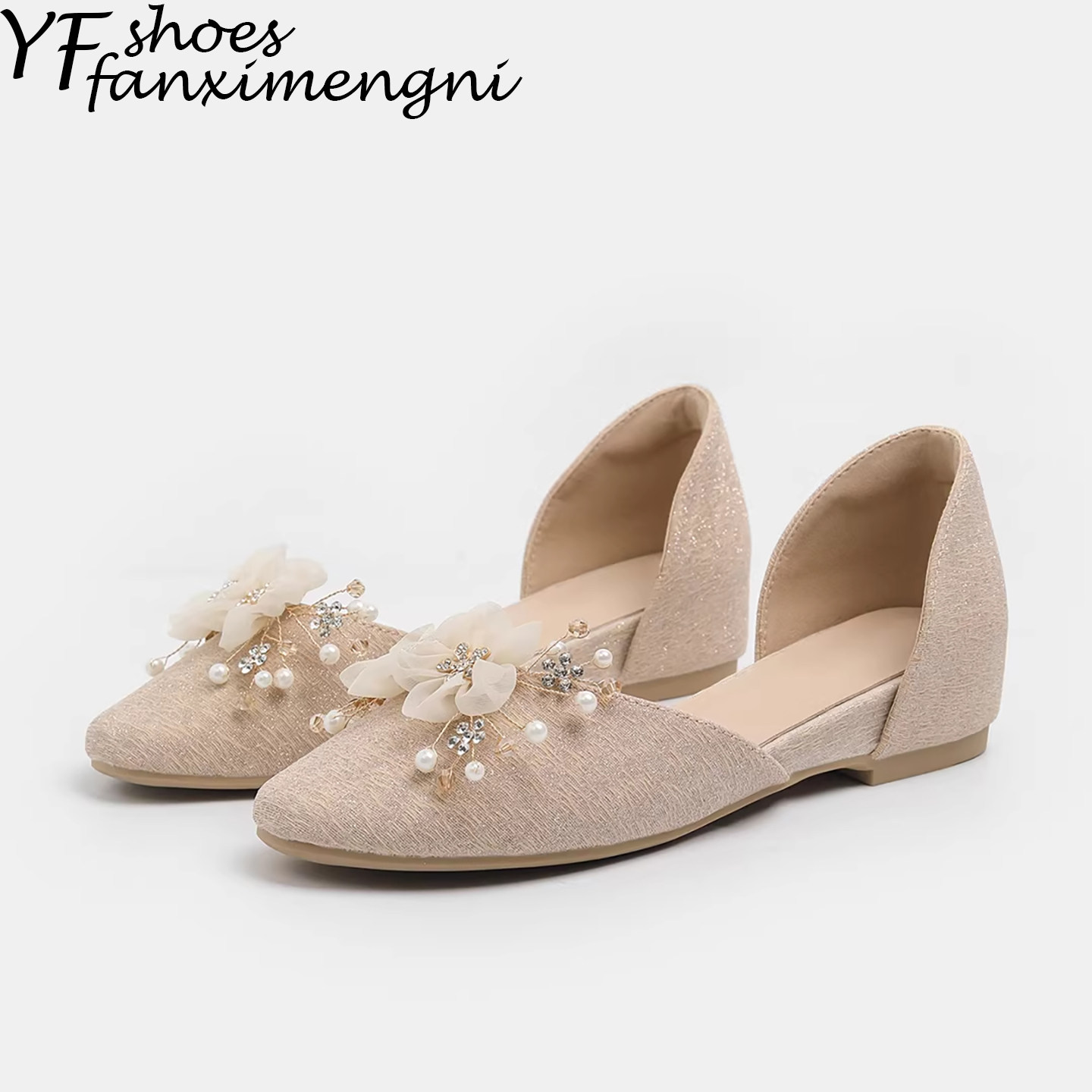 水钻浅口单鞋女内增高法式玛丽珍女鞋珍珠花朵装饰仙女平底伴娘鞋