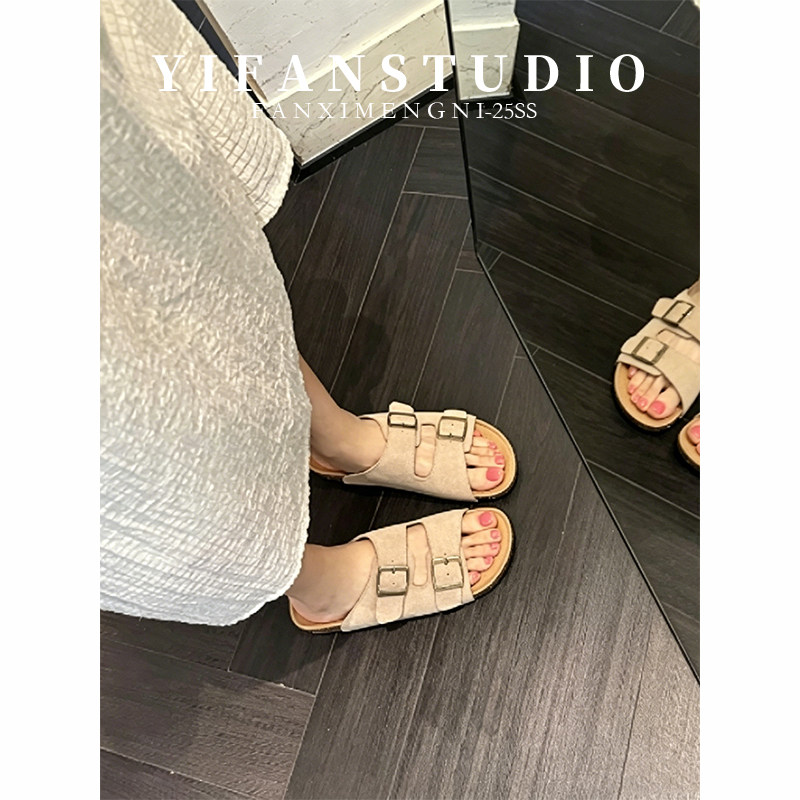 羊皮版勃肯厚底双扣女一字拖