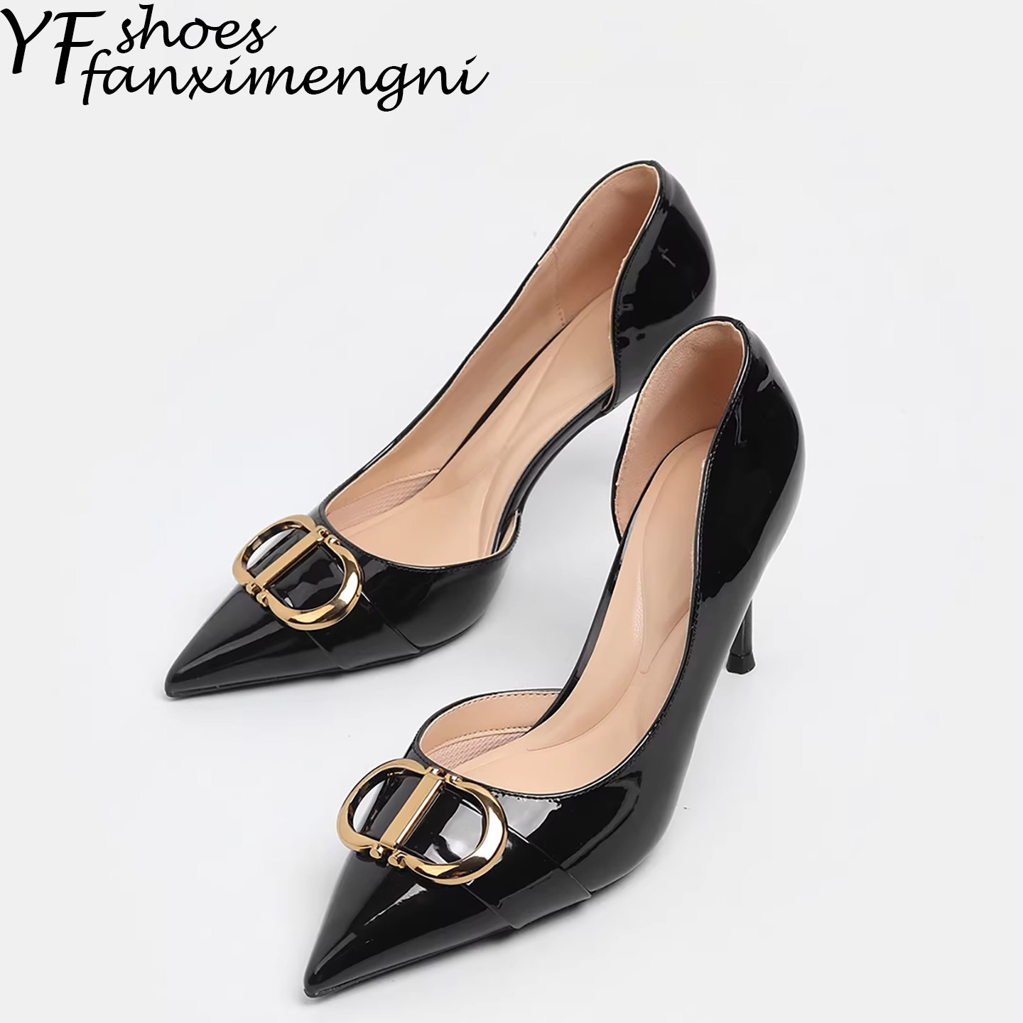法式名媛尖头细跟黑色单鞋女金属扣浅口高跟鞋女气质一脚蹬不累脚