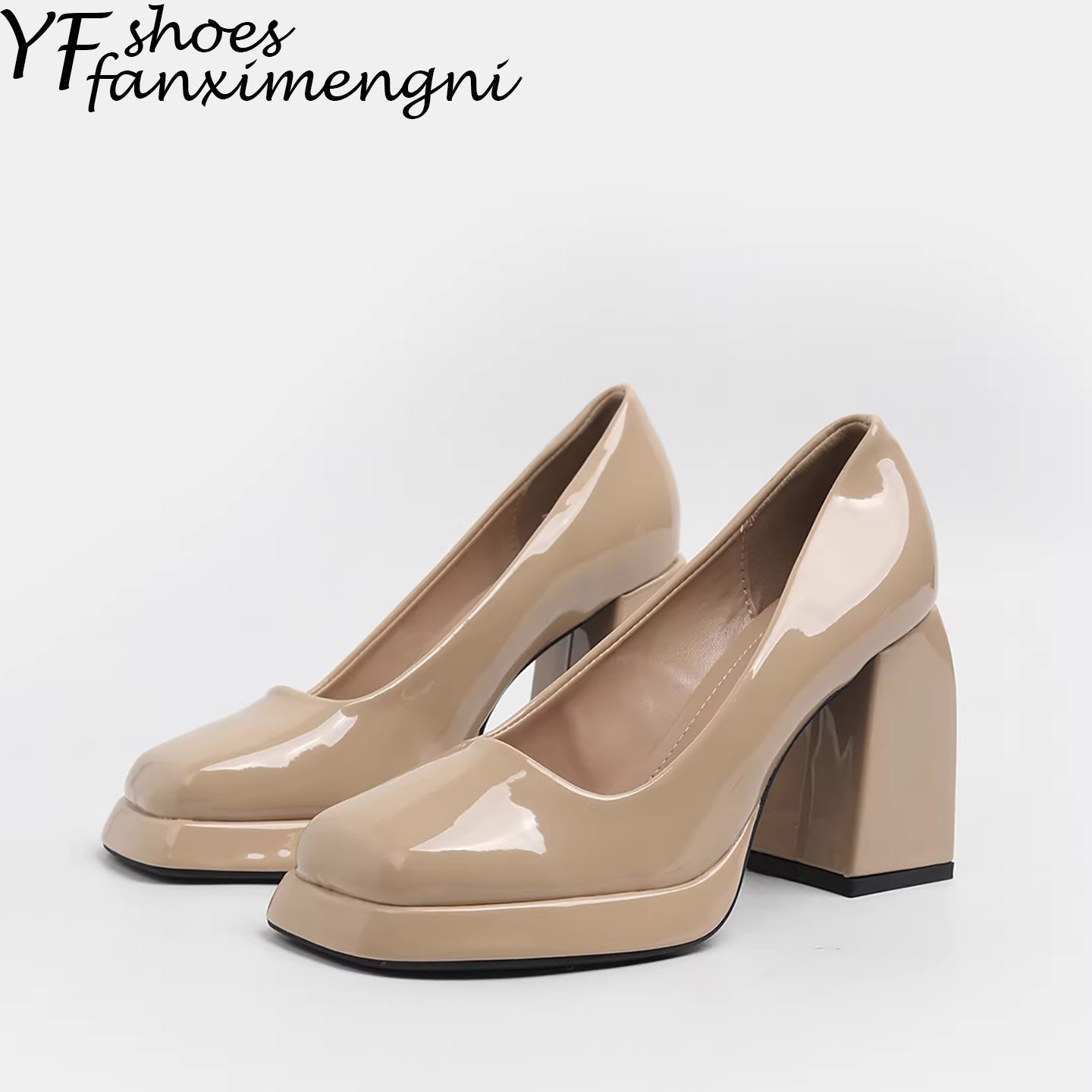 漆皮粗跟浅口单鞋女2026年新款防水台方头裸色高跟鞋女气质不累脚