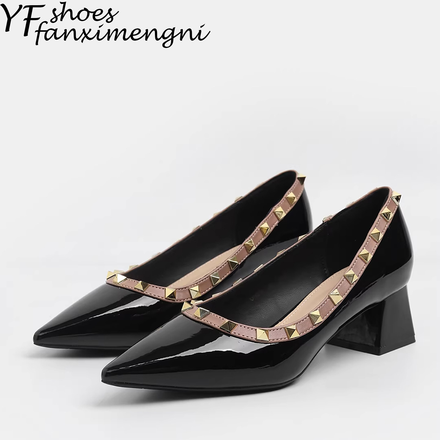 尖头浅口铆钉复古粗跟单鞋女一脚蹬通勤风软底漆皮法式玛丽珍女鞋,女鞋,浅口单鞋,淘宝优惠券,粉丝福利购,淘宝优惠卷