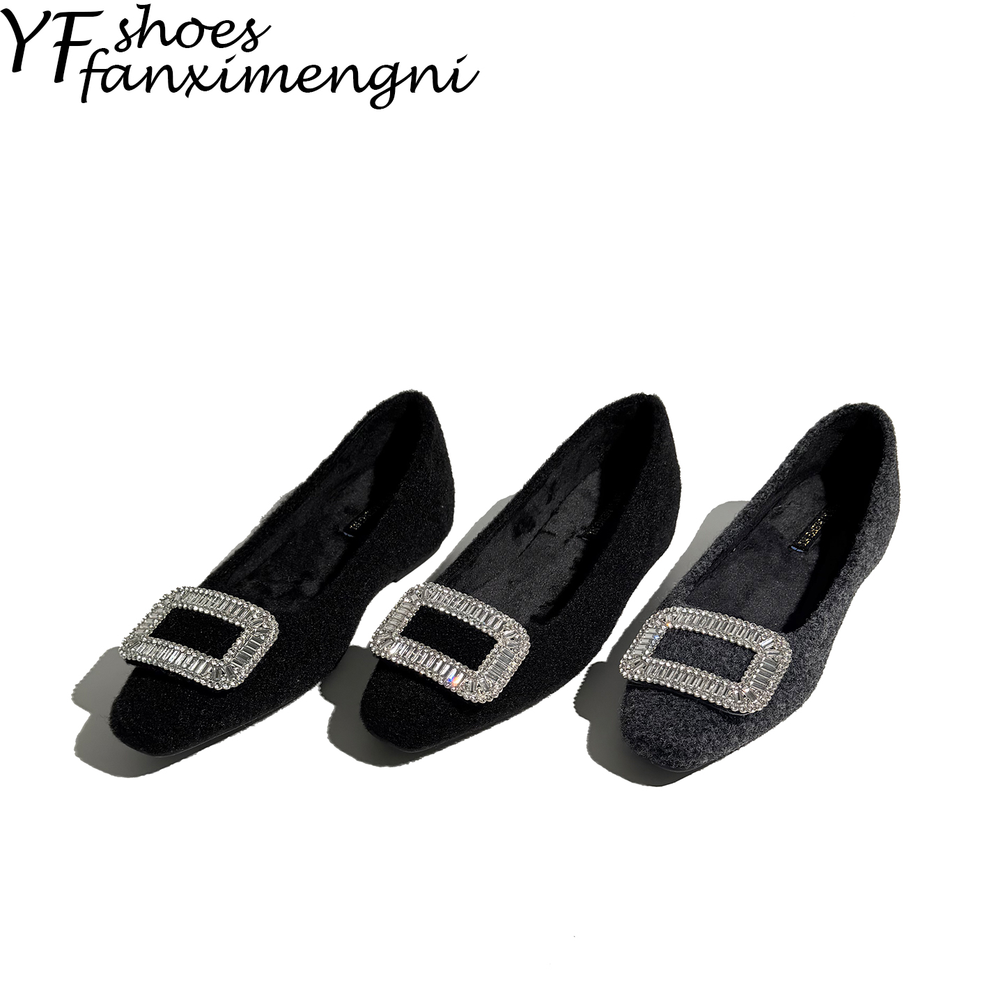 真皮~方扣水钻黑色浅口单鞋女