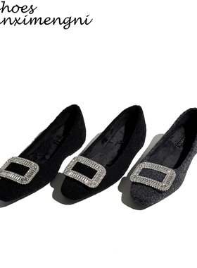 真皮~方扣水钻黑色浅口单鞋女2025年新款秋冬毛呢法式玛丽珍女鞋