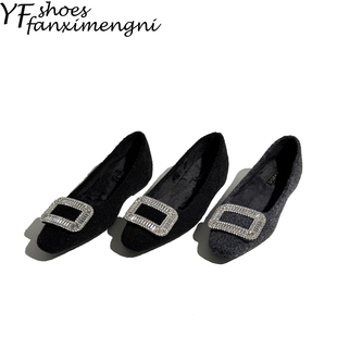 真皮~方扣水钻黑色浅口单鞋女2025年新款秋冬毛呢法式玛丽珍女鞋