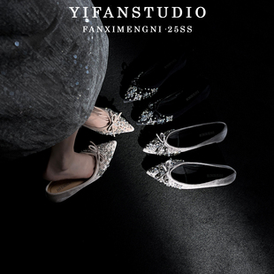 羊皮版~金丝绒水钻浅口尖头单鞋女2025新款内增高法式玛丽珍女鞋