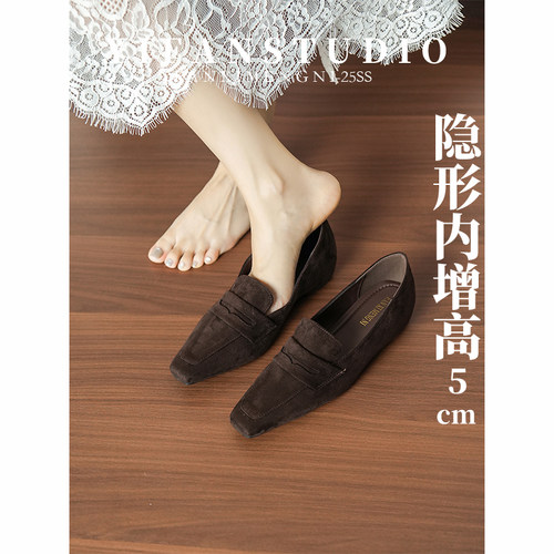 羊皮反绒老钱风内增高乐福女鞋