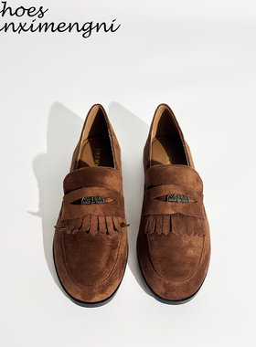 反绒皮流苏英伦乐福鞋女一脚蹬美拉德棕色小皮鞋女金币软底单鞋女