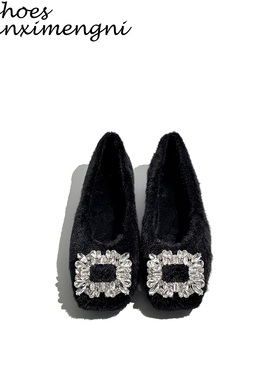 法式水钻浅口单鞋女2025新款加绒毛毛鞋百搭平底鞋黑色玛丽珍女鞋