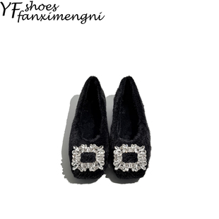 法式水钻浅口单鞋女2025新款加绒毛毛鞋百搭平底鞋黑色玛丽珍女鞋