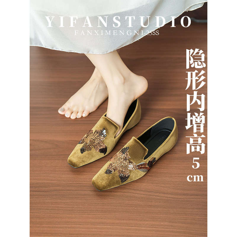 羊皮版~复古刺绣方头浅口单鞋女秋季一脚蹬内增高时尚通勤乐福鞋