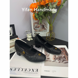 2026春季新款真皮内增高玛丽珍鞋女菱格一字扣带通勤浅口单鞋