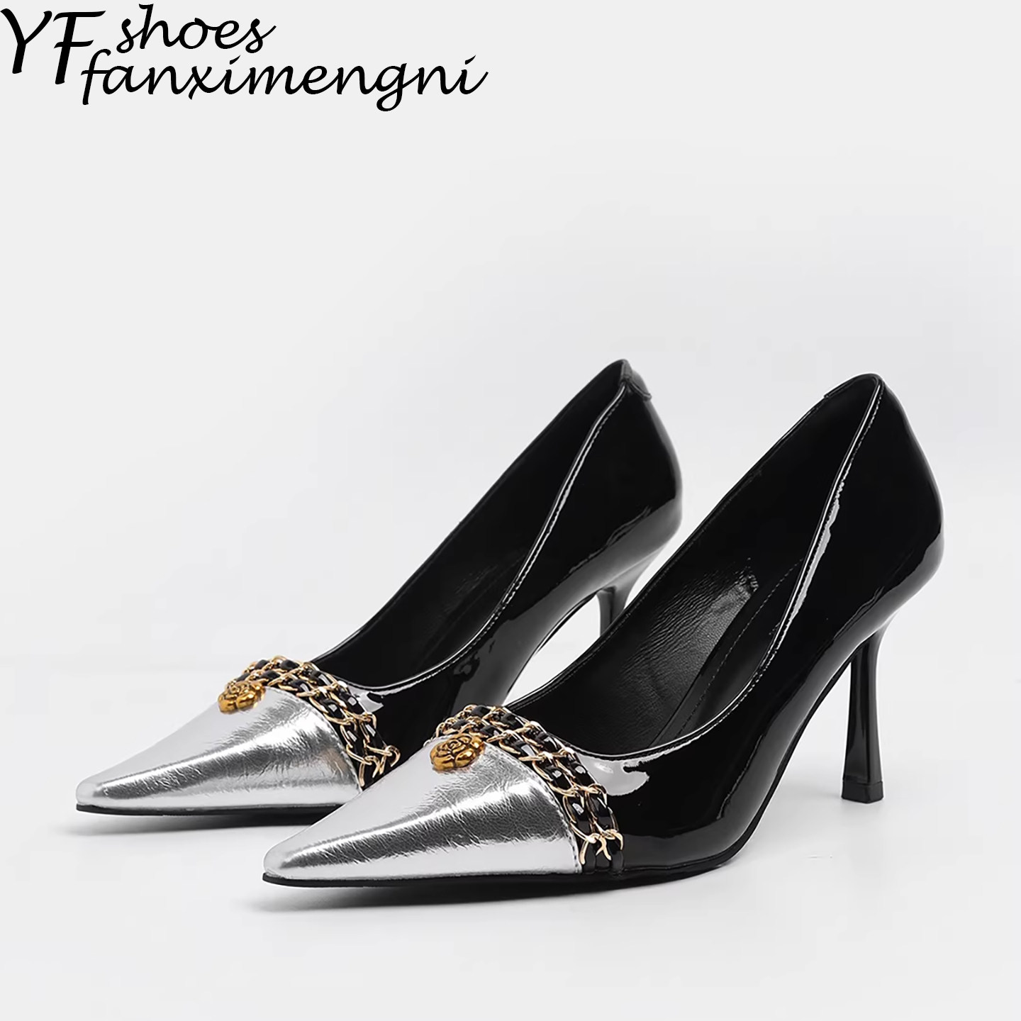 金属链条山茶花小香风细跟尖头高跟鞋女气质不累脚浅口黑色单鞋女