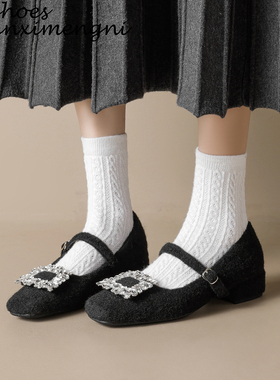 厚黑系~法式水钻浅口玛丽珍女鞋2025年新款毛呢一字带粗跟单鞋女