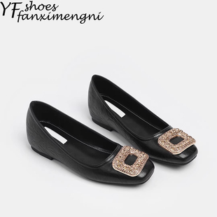 金属水钻方扣内增高单鞋女2026新款复古方头浅口通勤风玛丽珍女鞋