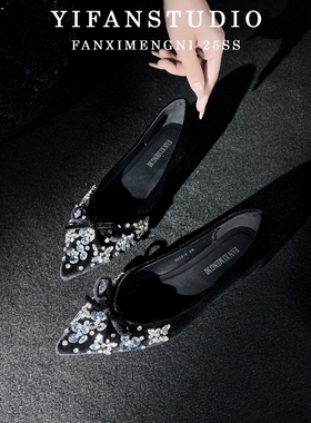 羊皮版~气质浅口平底鞋2025新款金丝绒内增高水钻法式尖头单鞋女