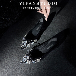 羊皮版~气质浅口平底鞋2025新款金丝绒内增高水钻法式尖头单鞋女