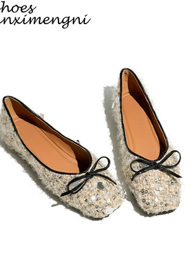 小香风花呢浅口单鞋女2026年新款春季气质真皮亮片方头平底单鞋女