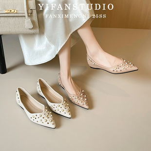 小羊皮尖头单鞋女2025新款配裙子气质百搭大码女鞋浅口法式平底鞋