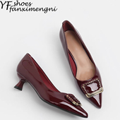金属方扣漆皮单鞋 松弛老钱风酒红色浅口尖头高跟鞋 女2026年新款 女