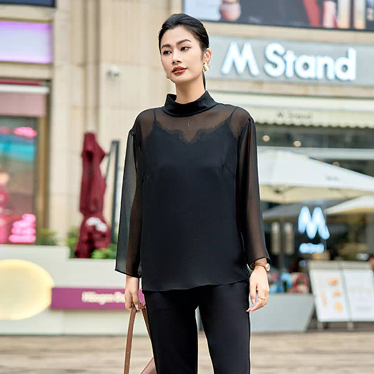 黎姿春夏季女士时尚百搭纯色都市休闲舒适透气宽松雪纺衬衫上衣