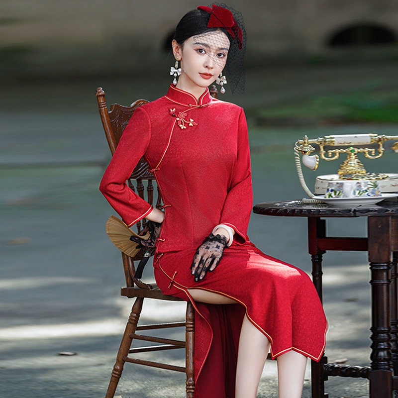 高端醋酸红色旗袍长款长袖2026春季新款结婚喜婆婆喜妈妈婚宴礼服