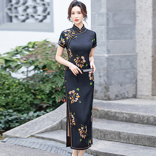 金陵十三钗老上海民国风黑色旗袍长款夏款走秀演出高端大气上档次