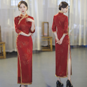 婚宴礼服新中式 高档醋酸旗袍2026新款 长袖 中年妈妈长款 高级感 春装