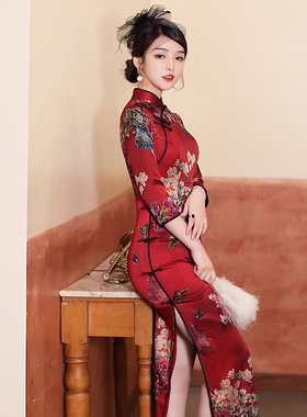 重磅桑蚕丝旗袍长款七分袖2026年春季新款妈妈装婚宴真丝红色礼服
