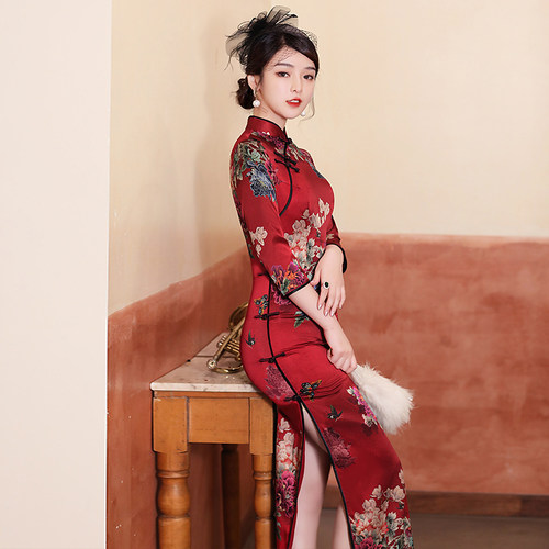 重磅桑蚕丝旗袍长款妈妈红色礼服