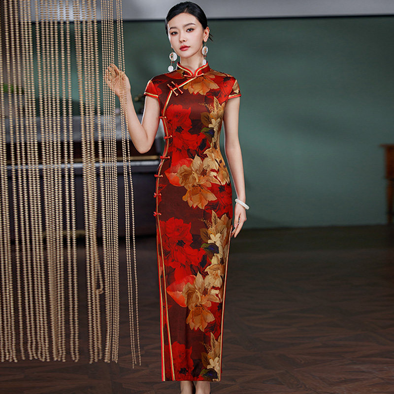 重磅真丝旗袍桑蚕丝高端红色2026新款夏季长款到脚踝走秀演出国风