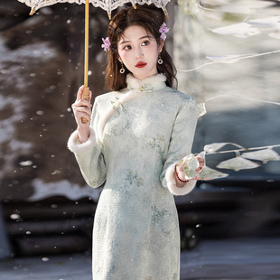 绝美新中式国风旗袍冬装加厚加绒2025新款年轻款女长款长袖连衣裙