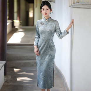 金钻绒刺绣加绒旗袍长袖2025秋冬中长款小个子新中式改良日常复古