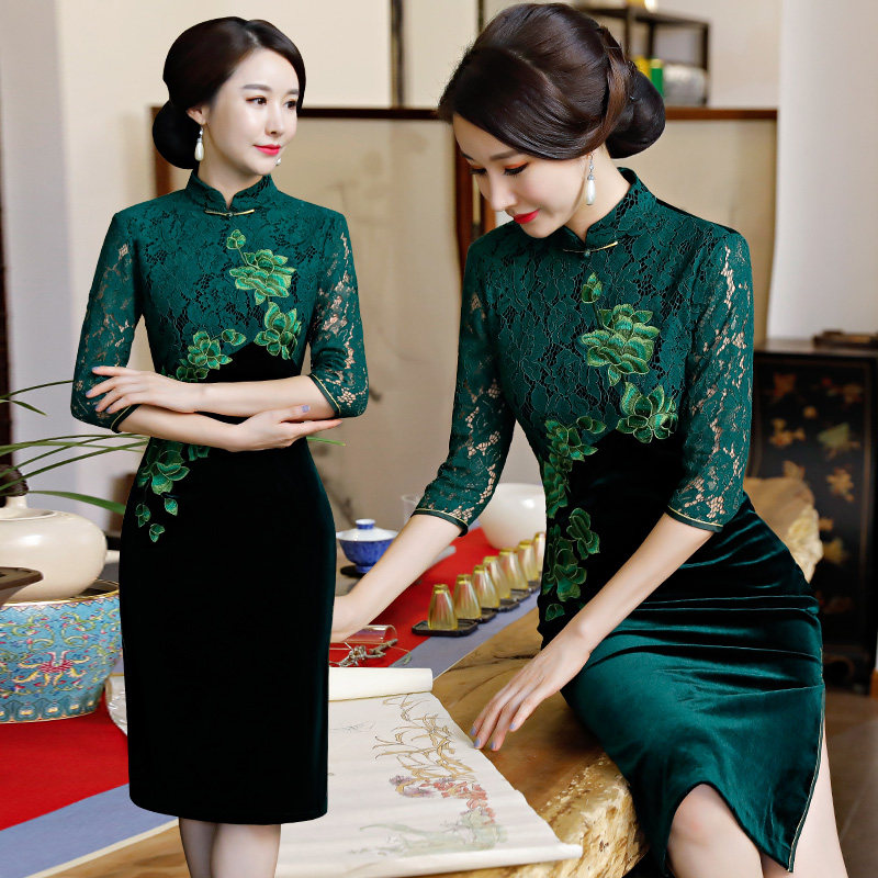 蕾丝旗袍连衣裙春秋季2025新款女改良中长款妈妈装中长袖日常修身