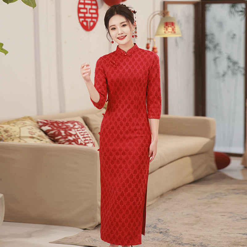 红色旗袍女新中式秋冬改良敬酒服