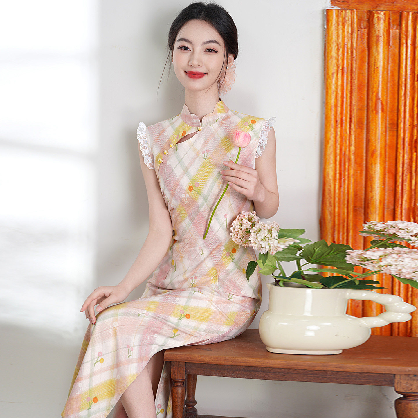 年轻款大格子旗袍女夏季礼服长裙