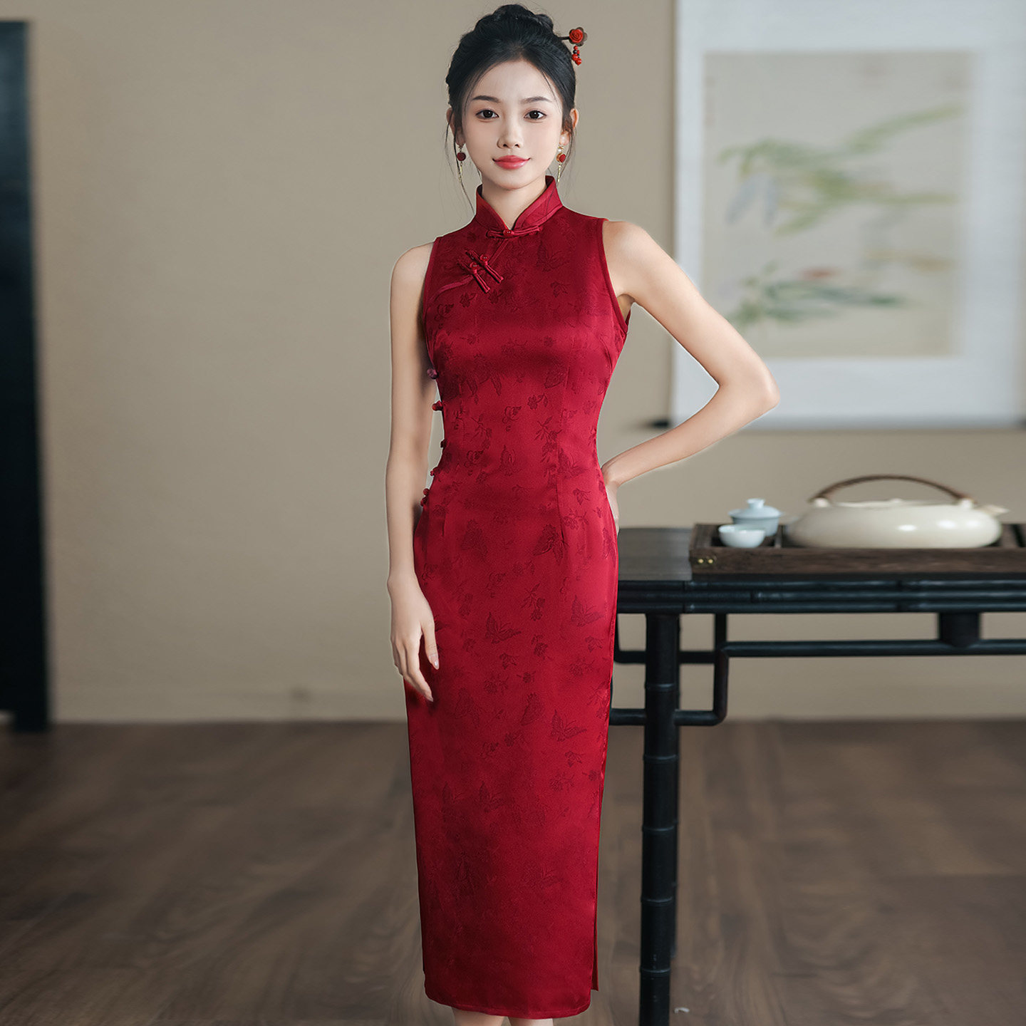 无袖红色旗袍长款2025新款夏季改良年轻款少女新中式国风日常可穿