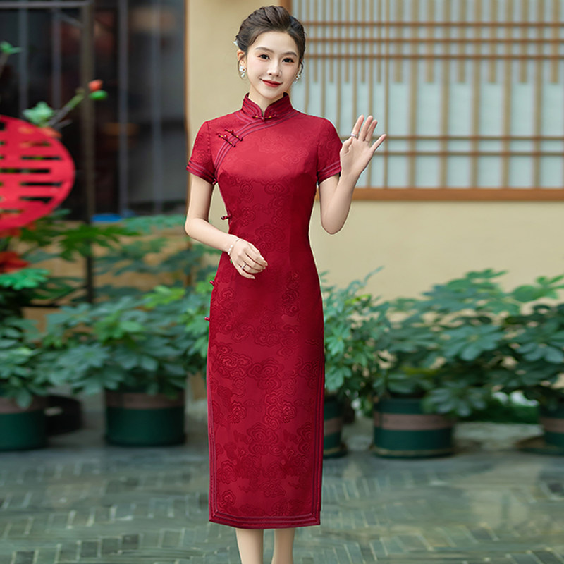 新中式中长款红色桑蚕丝旗袍新款