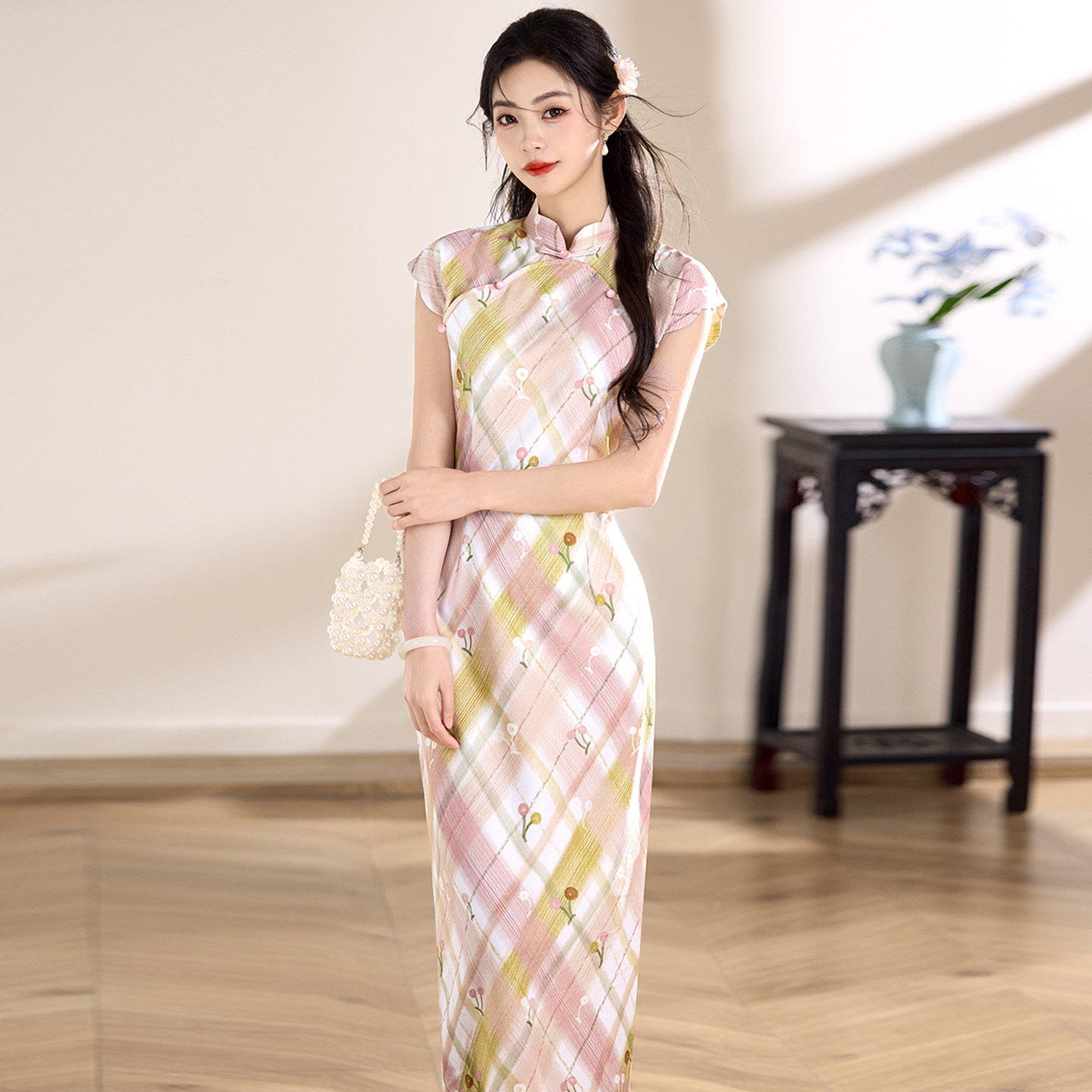 新中式改良粉色格子旗袍长款女夏